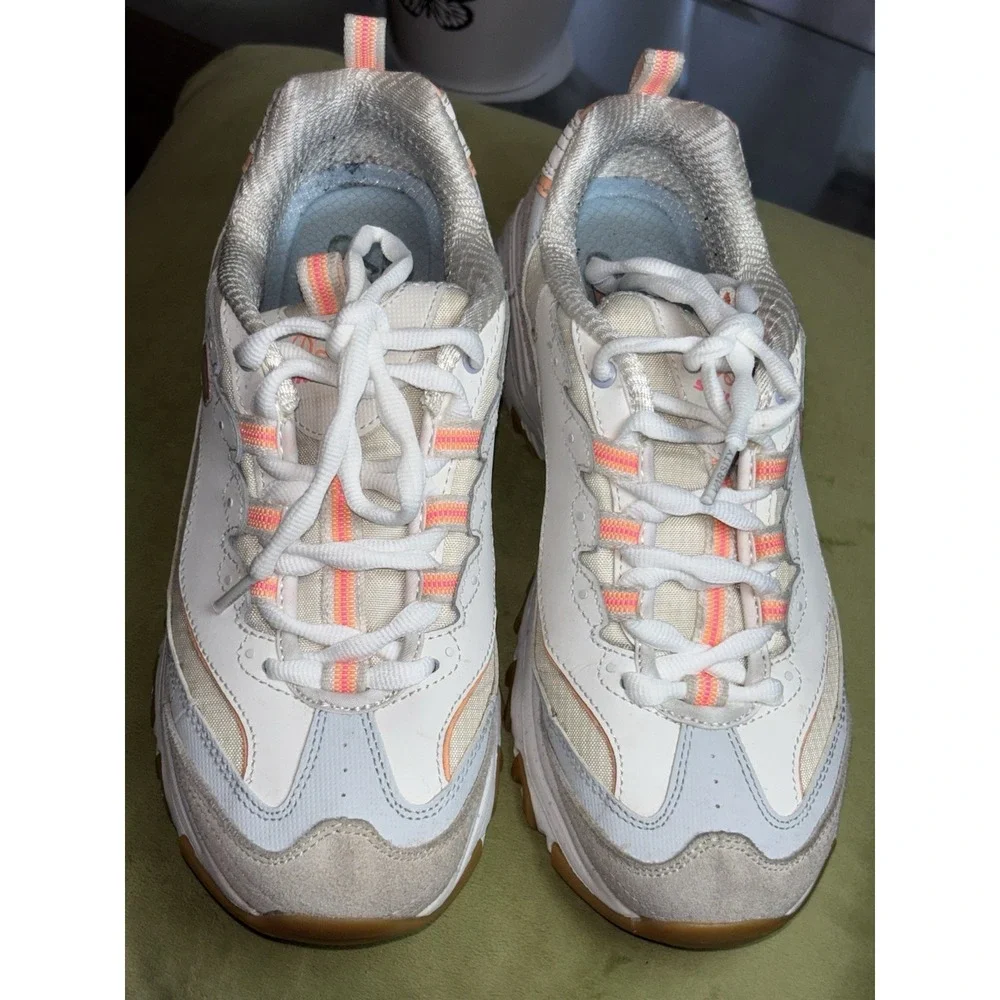 SKECHERS D'Lites Women's Memory Foam Sneaker White Peach Gray SN 149589